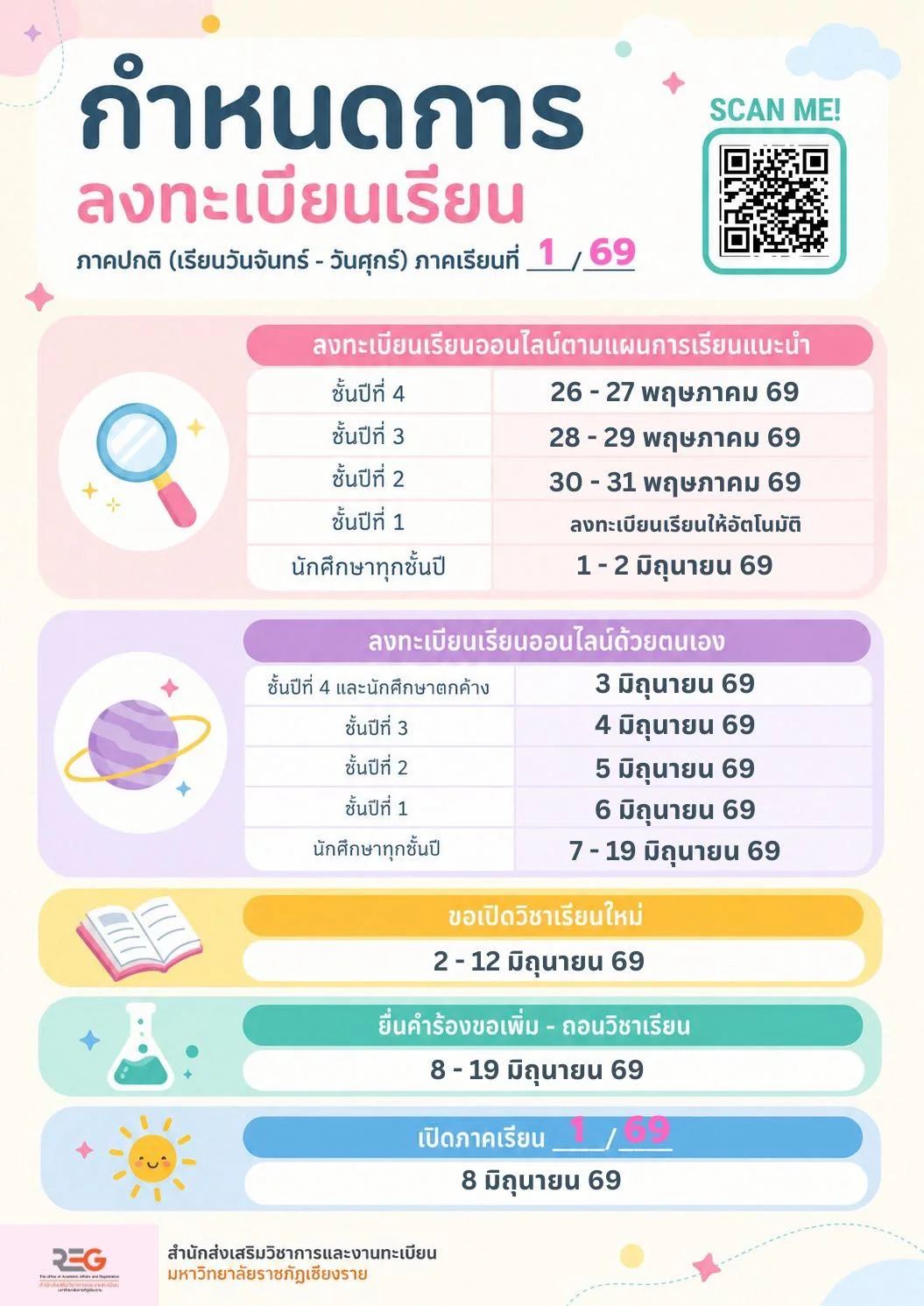 กำหนดการลงทะเบียน ภาคเรียนที่ 1/2569 ภาคปกติ (เรียนวันจันทร์ - วันศุกร์)